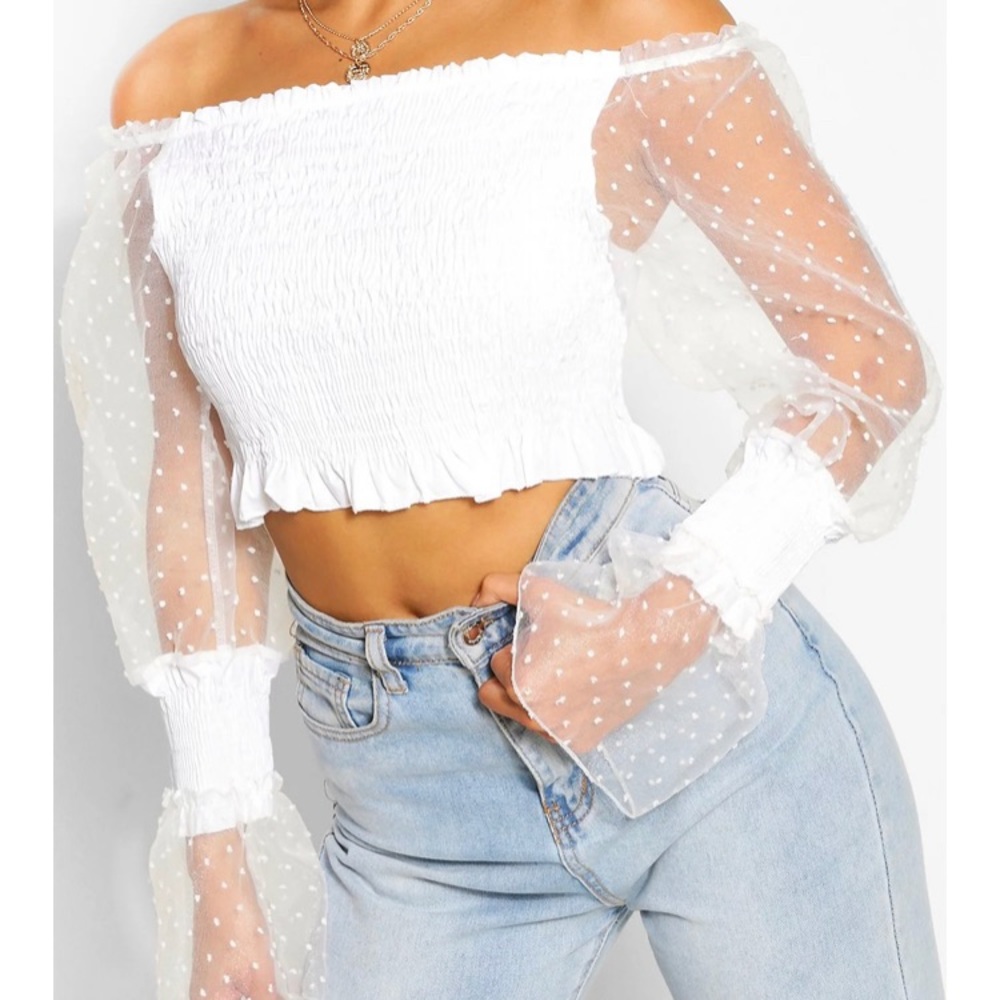 Petite Shirred Organza Spot Sleeve Crop White 14